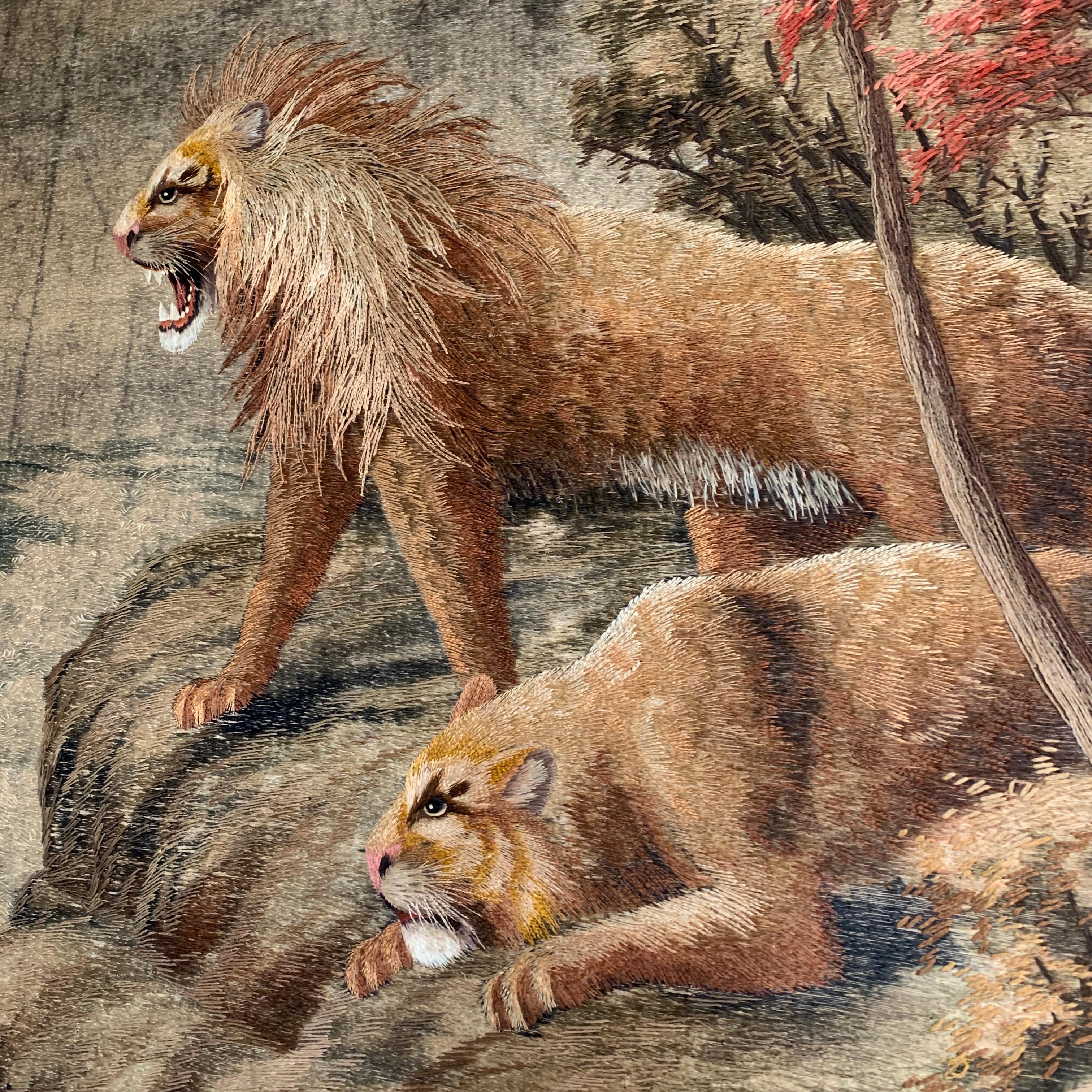 Japanese Meiji Embroidered Lions Wall Hanging 1