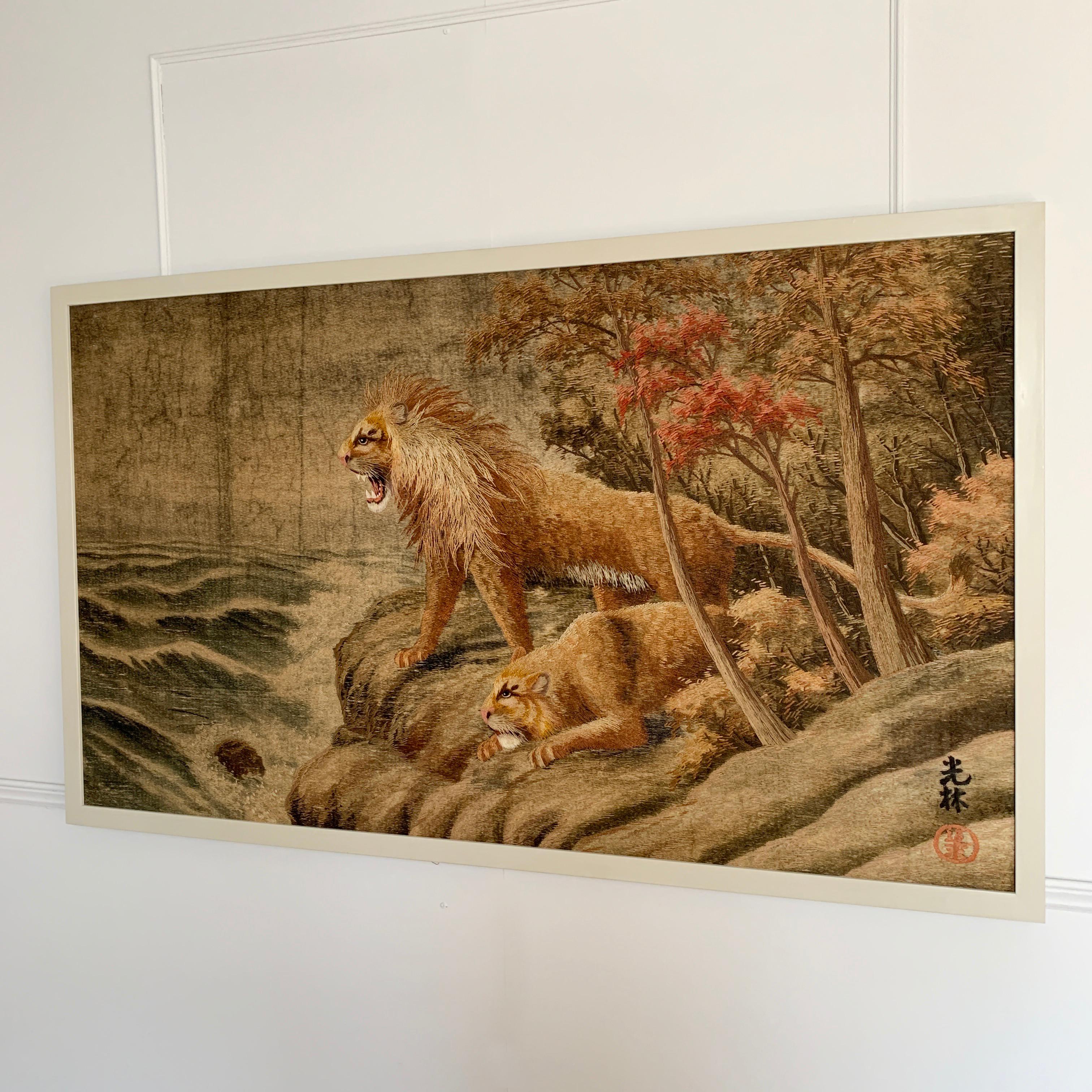 Japanese Meiji Embroidered Lions Wall Hanging 2