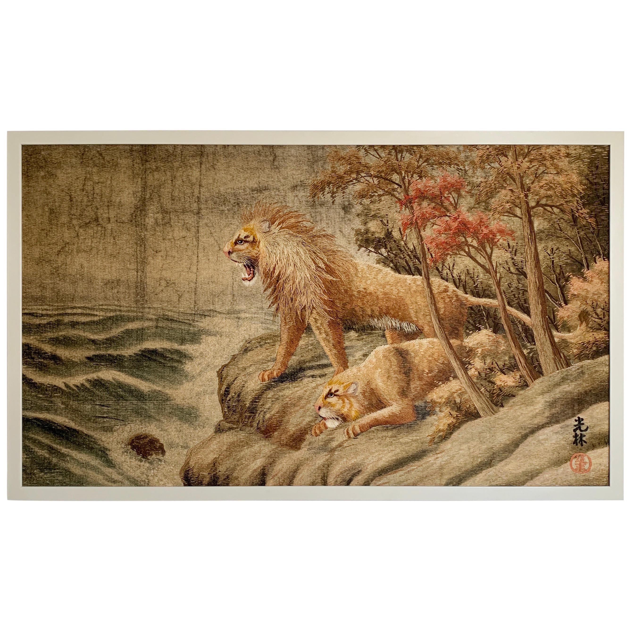 Japanese Meiji Embroidered Lions Wall Hanging