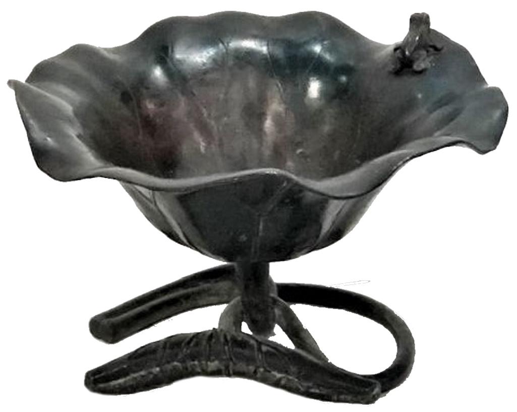 DIMENSIONS: Height: 4 inches Width: 6 inches Depth: 6 inches

ABOUT THE OBJECT
With the laconic Japanese-style Art Nouveau design, filled with symbolism and metaphorism, this multi-use bowl (perfect as vide poche) is made of dark brown-patinated