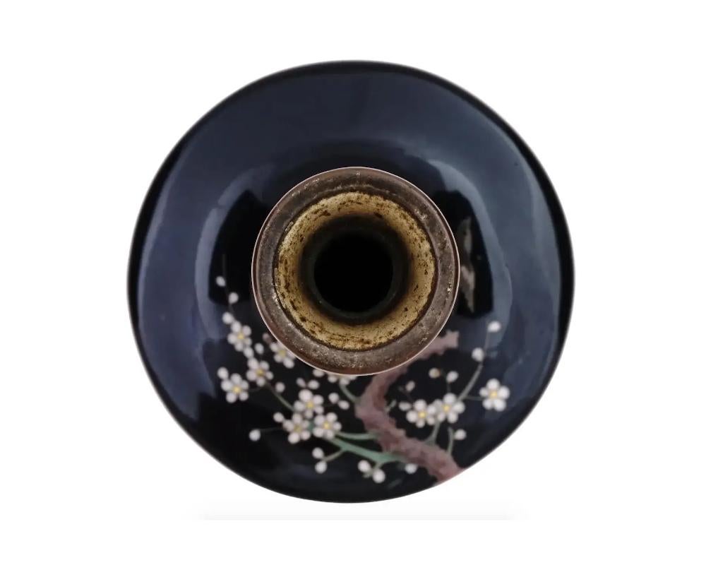 Antique Meiji Japanese Cloisonne Enamel Miniature Bird in Cherry Blossom Vase 1