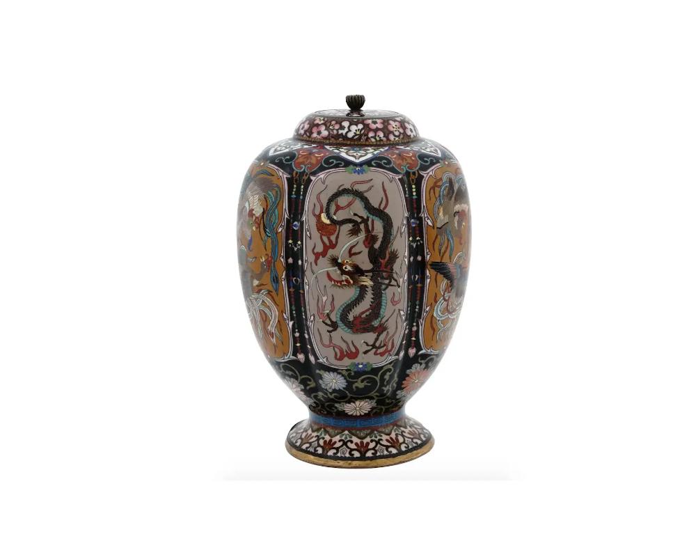 Cloissoné A Japanese Meiji Era Cloisonne Enamel Dragons and Ho Ho Bird Lobed Lidded Jar For Sale