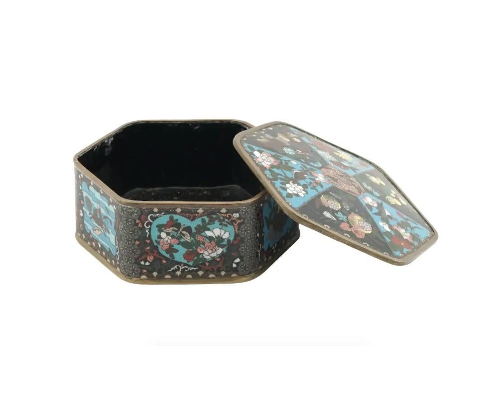 Large Meiji Japanese Cloisonne Enamel Box with Fruits, Sea Life, Birds and Insec In Good Condition For Sale In New York, NY