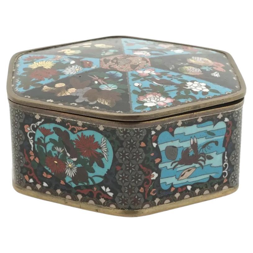 Large Meiji Japanese Cloisonne Enamel Box with Fruits, Sea Life, Birds and Insec For Sale