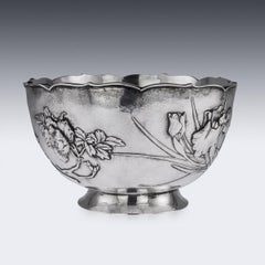 Japanese Meiji Era Silver Iris and Chrysanthemum Bowl, circa 1900