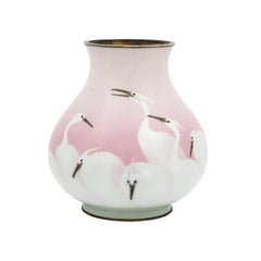 Japanese Meiji Era Wireless Cloisonne Pink Crane Enamel Vase