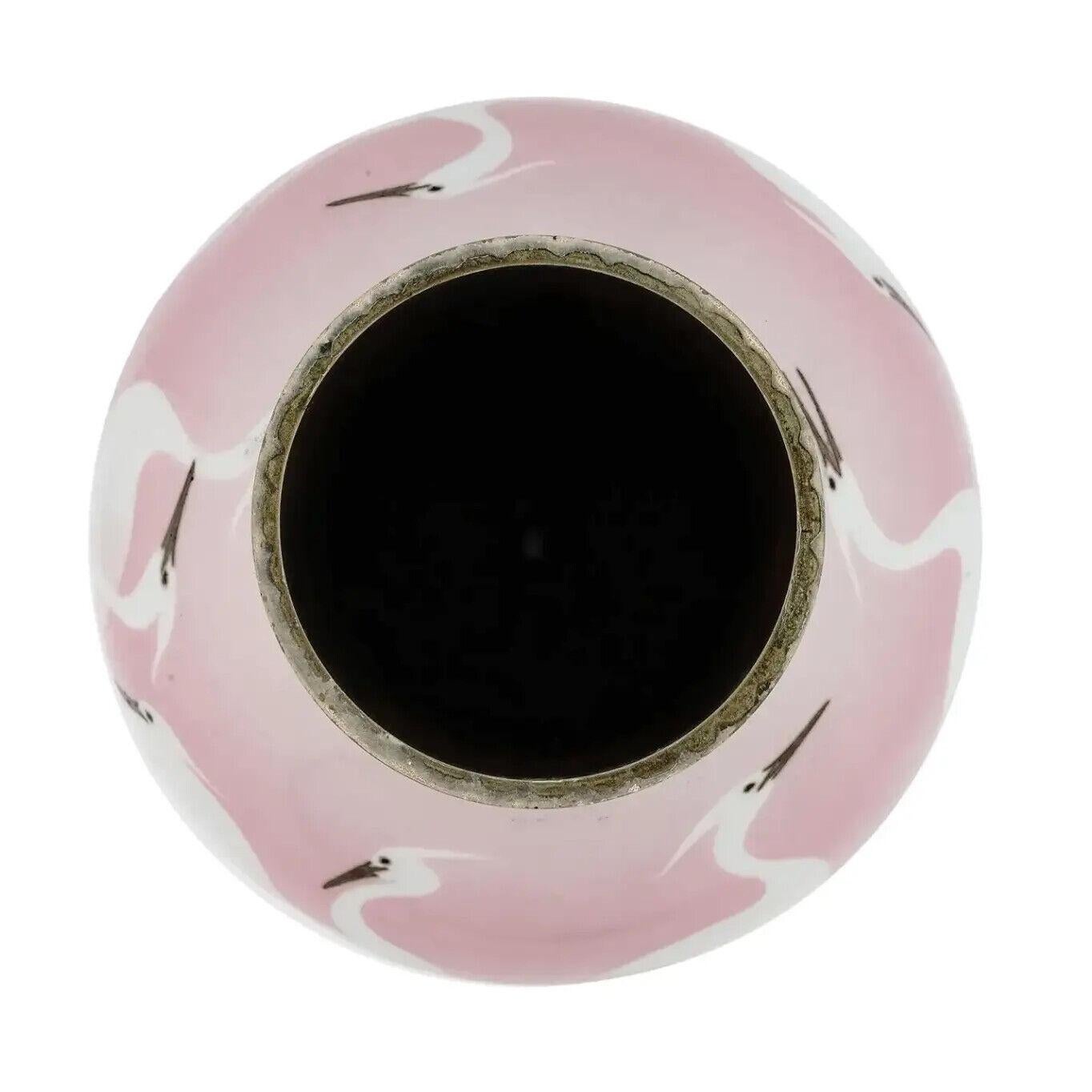 19th Century Japanese Meiji Era Wireless Cloisonne Pink Crane Enamel Vase For Sale