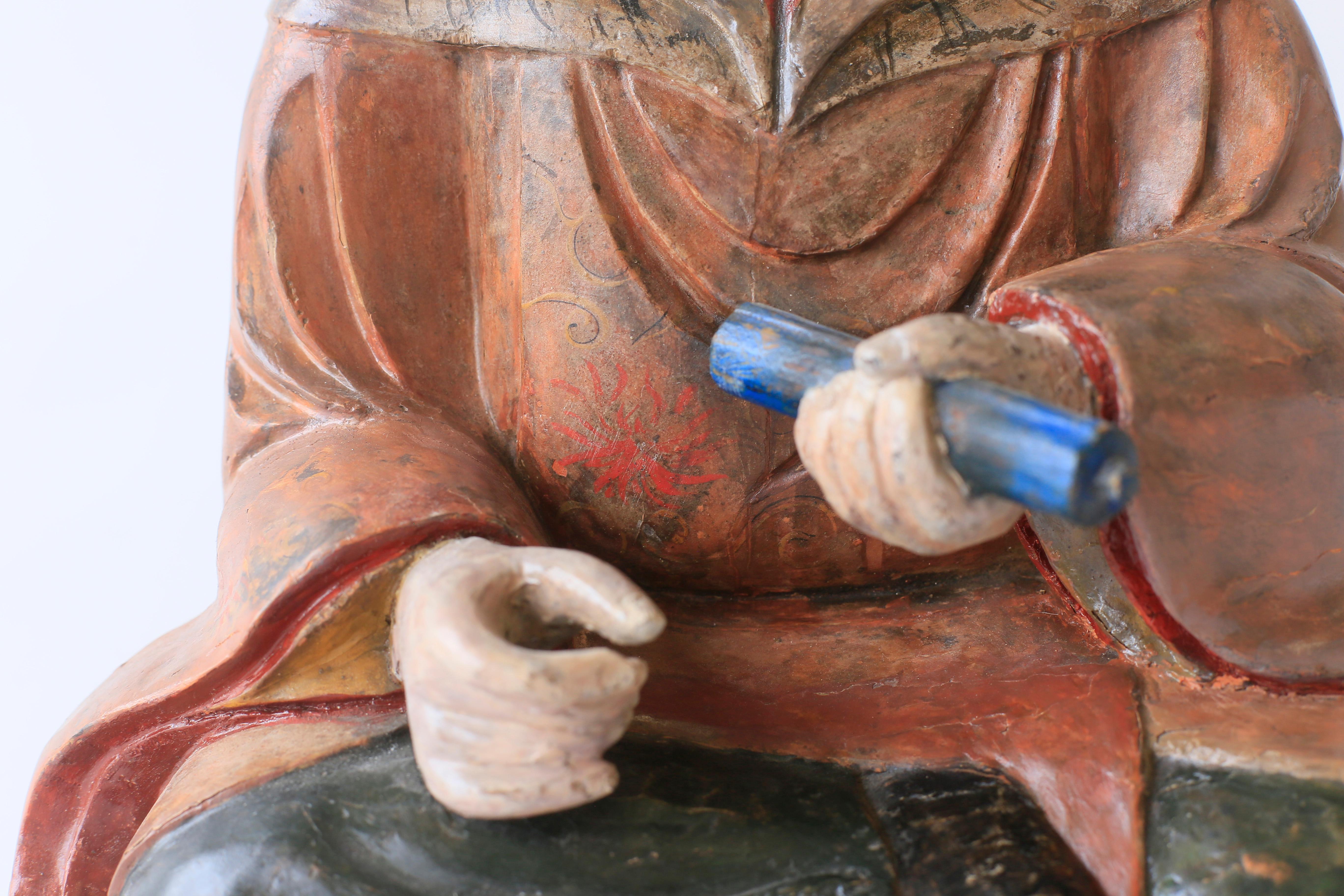 Japanese Meiji Era Wooden Figure with Polychrome Decoration im Zustand „Gut“ im Angebot in New York, NY