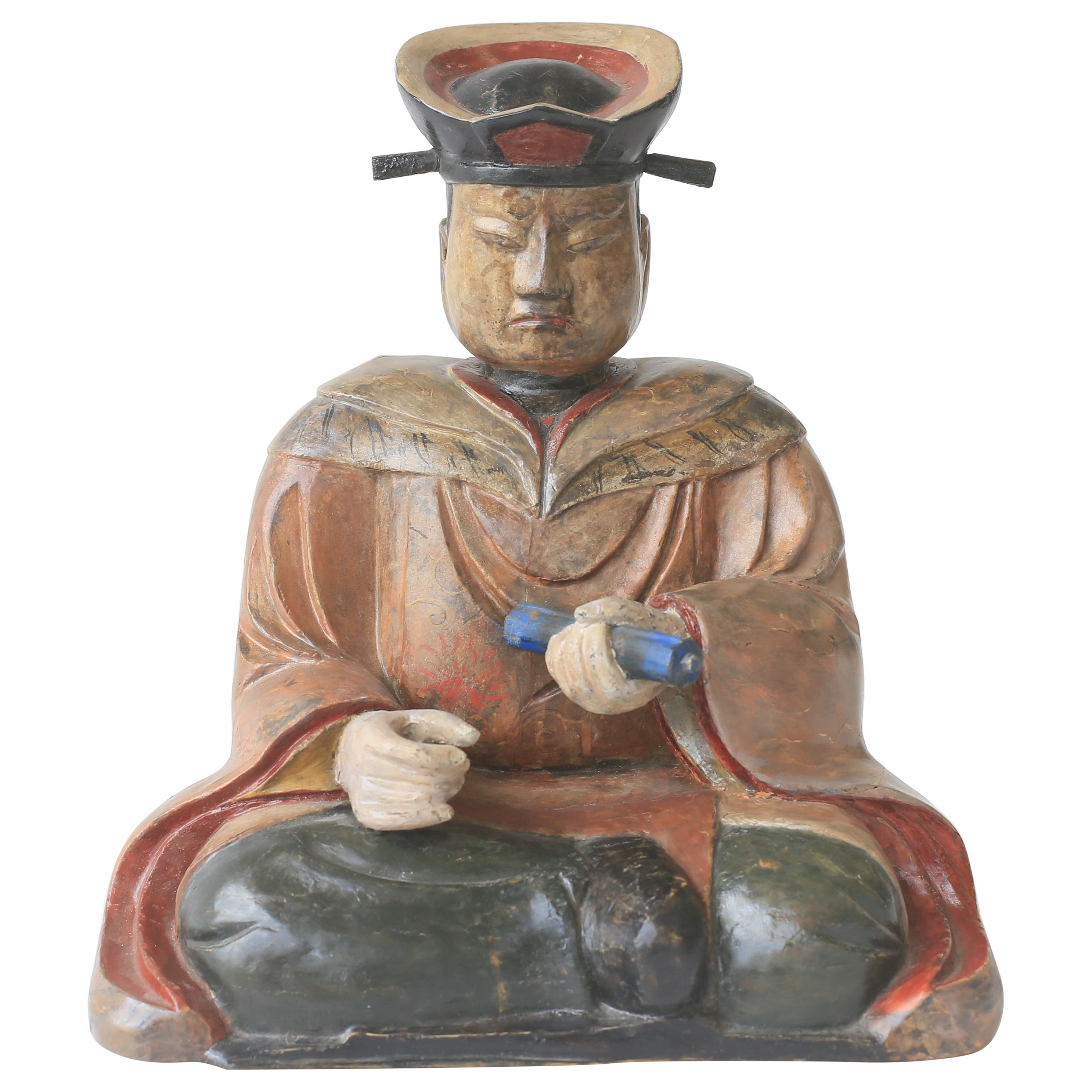 Japanese Meiji Era Wooden Figure with Polychrome Decoration