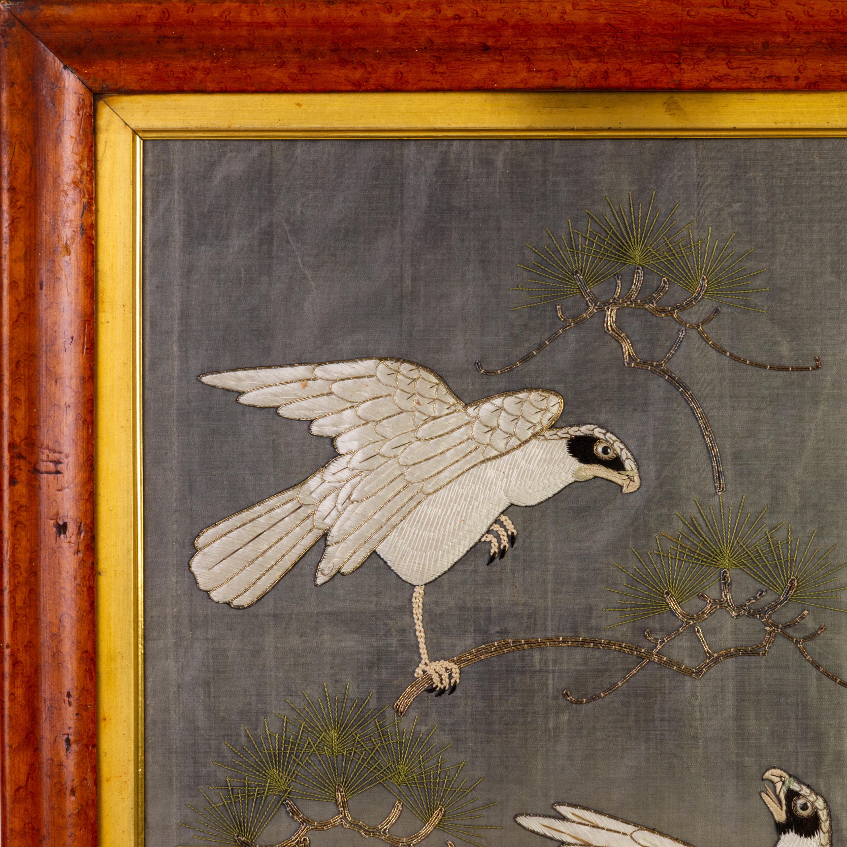 Japanese Meiji Finely Embroidered Silk Hawks in Maple Frame 19th Century
Good condition.
From a private collection.
Free international shipping.