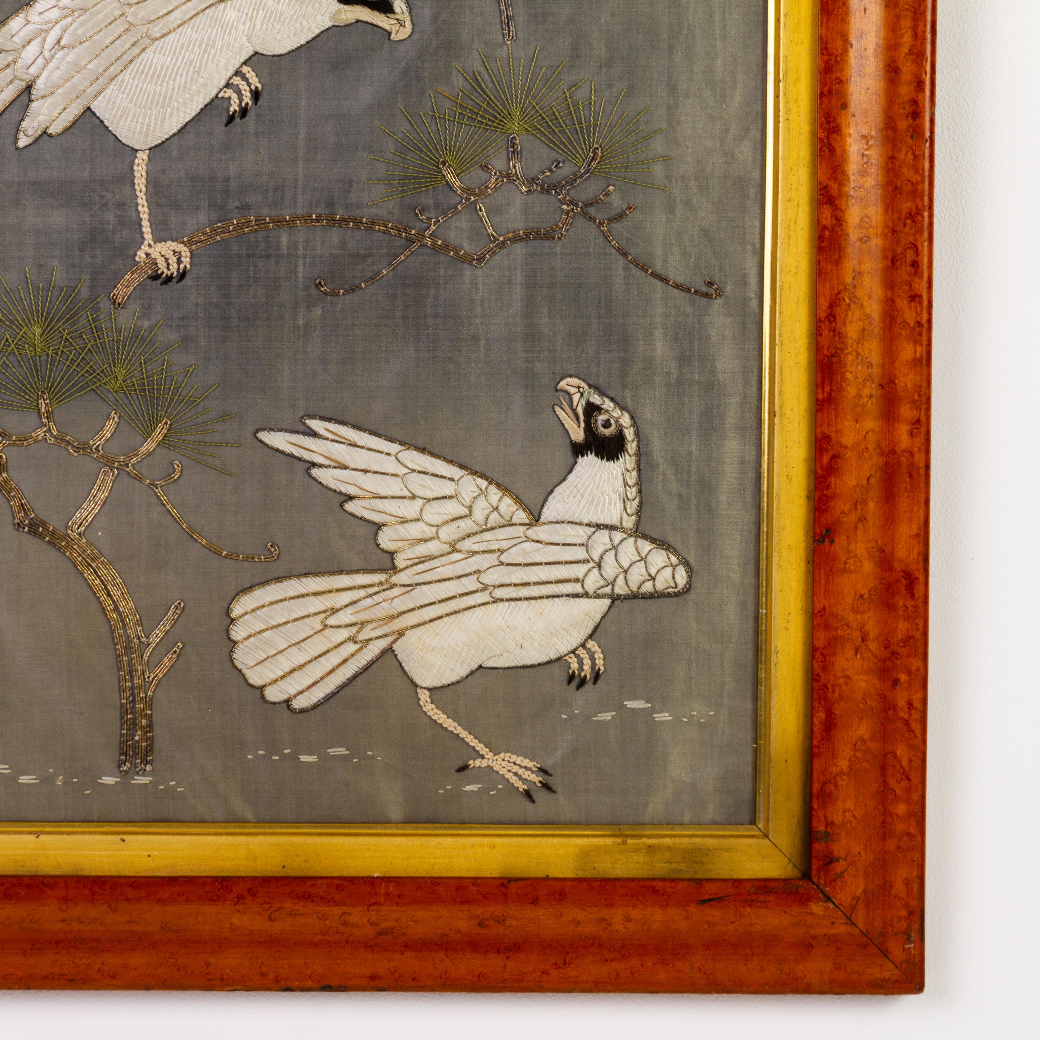Japanese Meiji Finely Embroidered Silk Hawks in Maple Frame 19th Century In Good Condition In Nottingham, GB