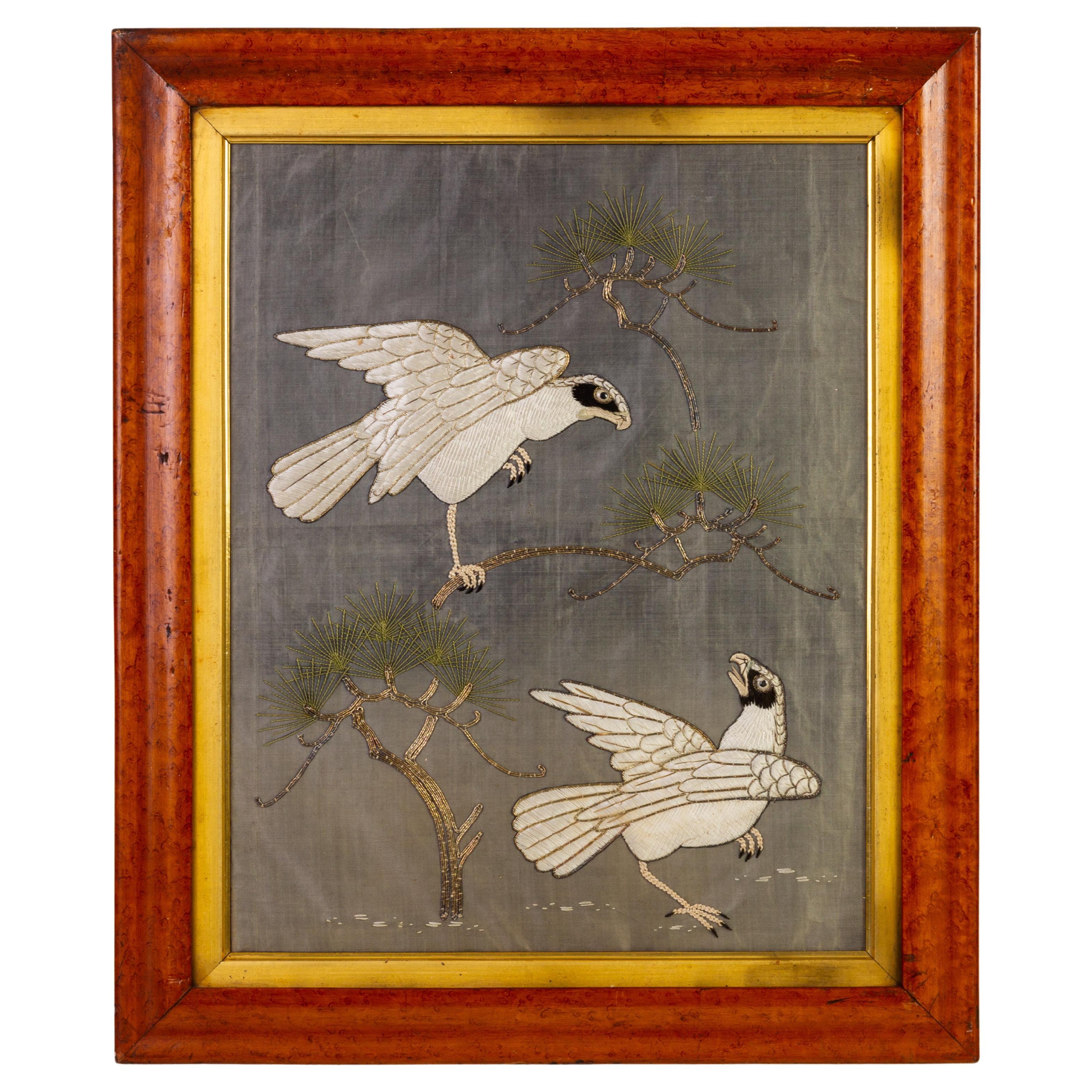 Japanese Meiji Finely Embroidered Silk Hawks in Maple Frame 19th Century