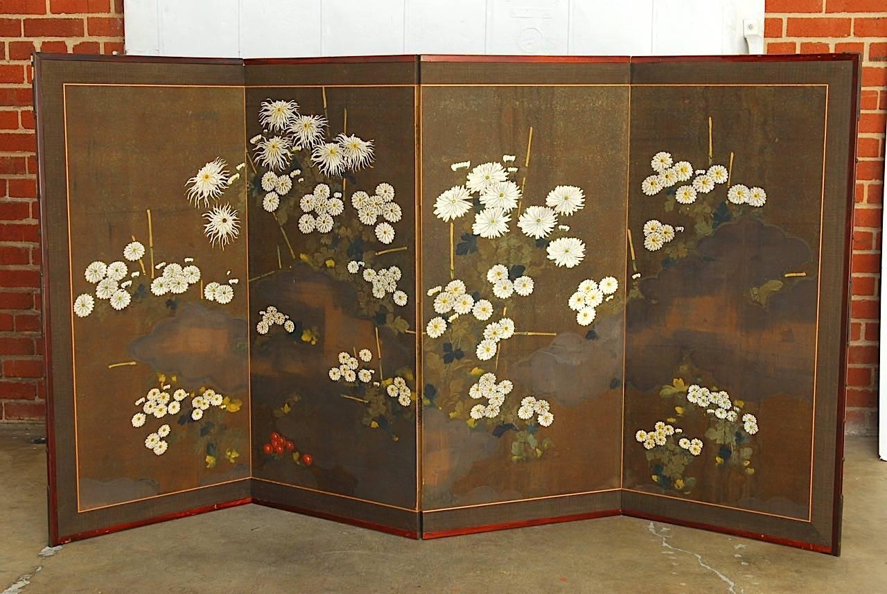 Japanese Meiji Four-Panel Moriage Style Chrysanthemum Screen 6