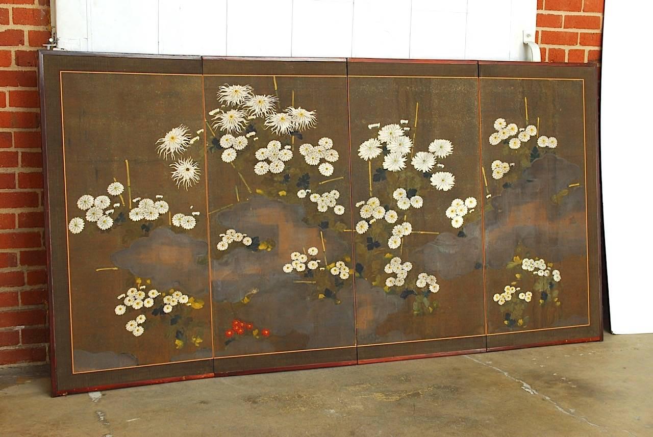 Etched Japanese Meiji Four-Panel Moriage Style Chrysanthemum Screen