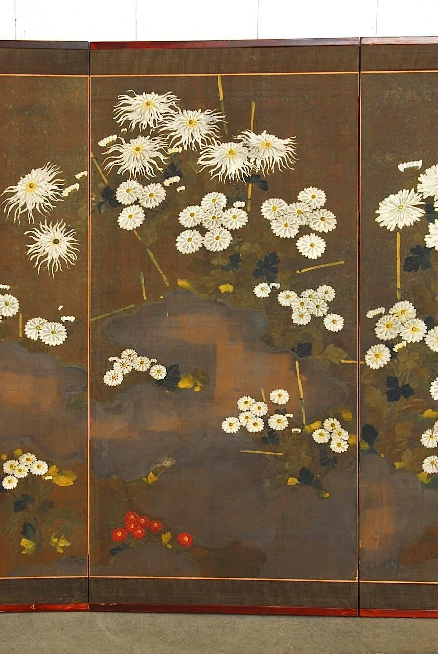 20th Century Japanese Meiji Four-Panel Moriage Style Chrysanthemum Screen