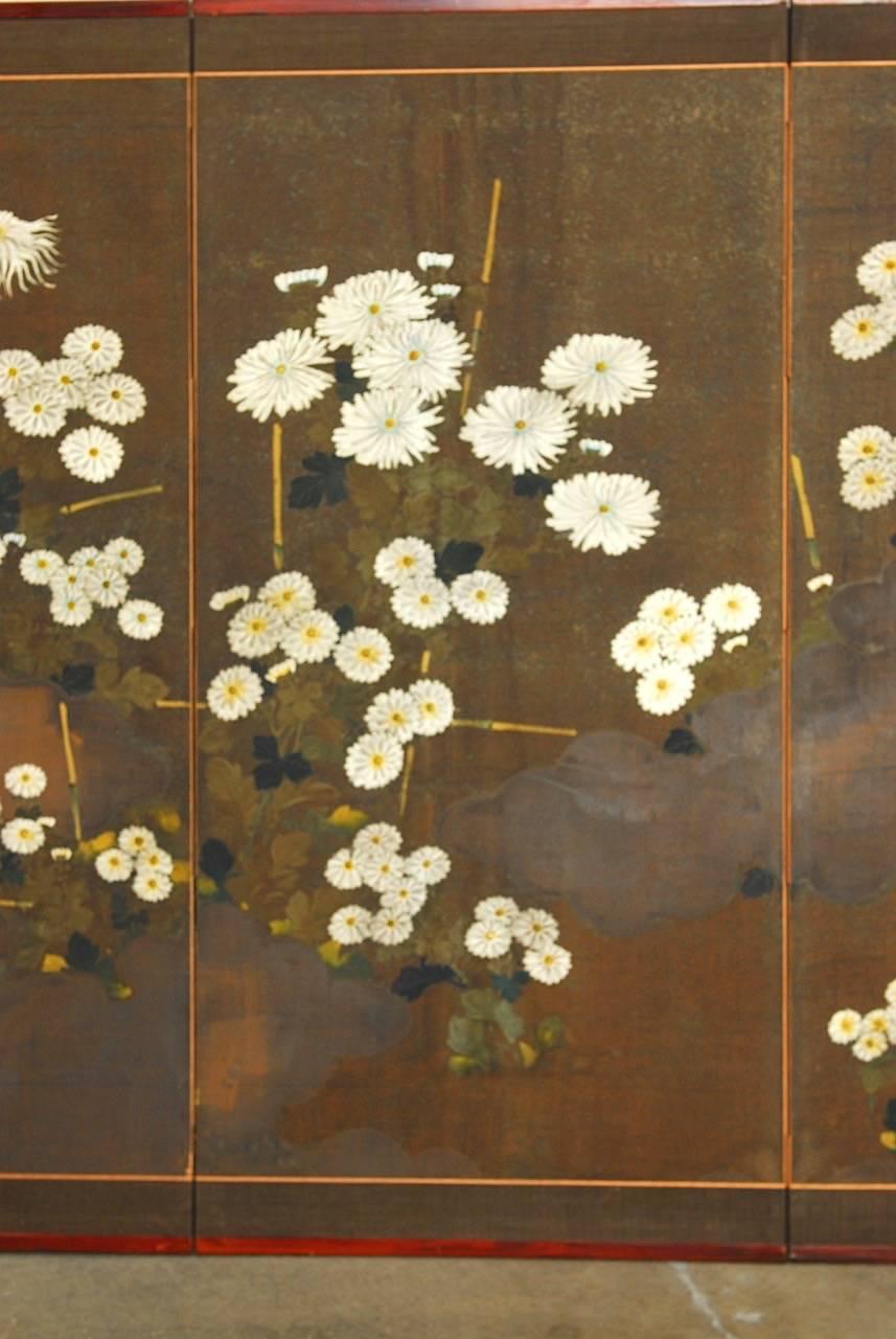 Brass Japanese Meiji Four-Panel Moriage Style Chrysanthemum Screen