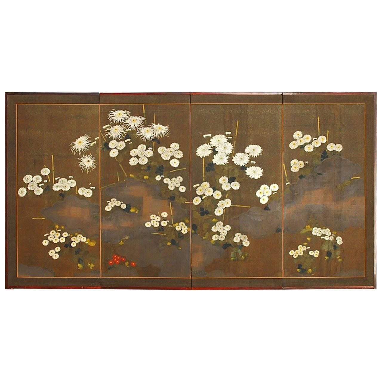 Japanese Meiji Four-Panel Moriage Style Chrysanthemum Screen