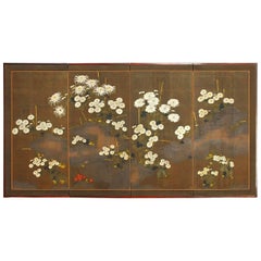 Antique Japanese Meiji Four-Panel Moriage Style Chrysanthemum Screen