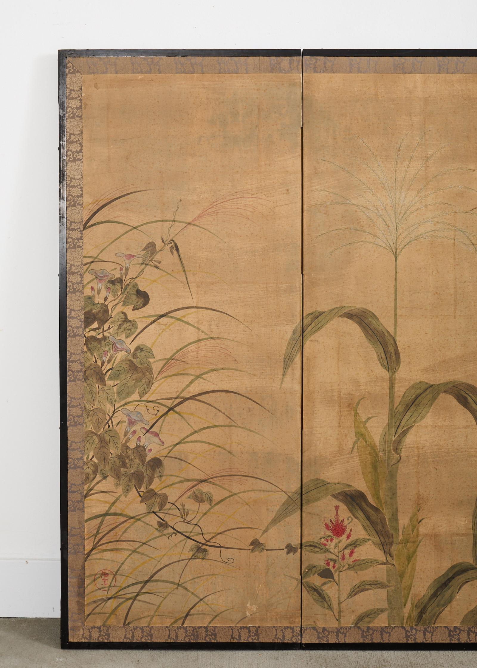 Hand-Crafted Japanese Meiji Four Panel Screen After Tawaraya Sotatsu