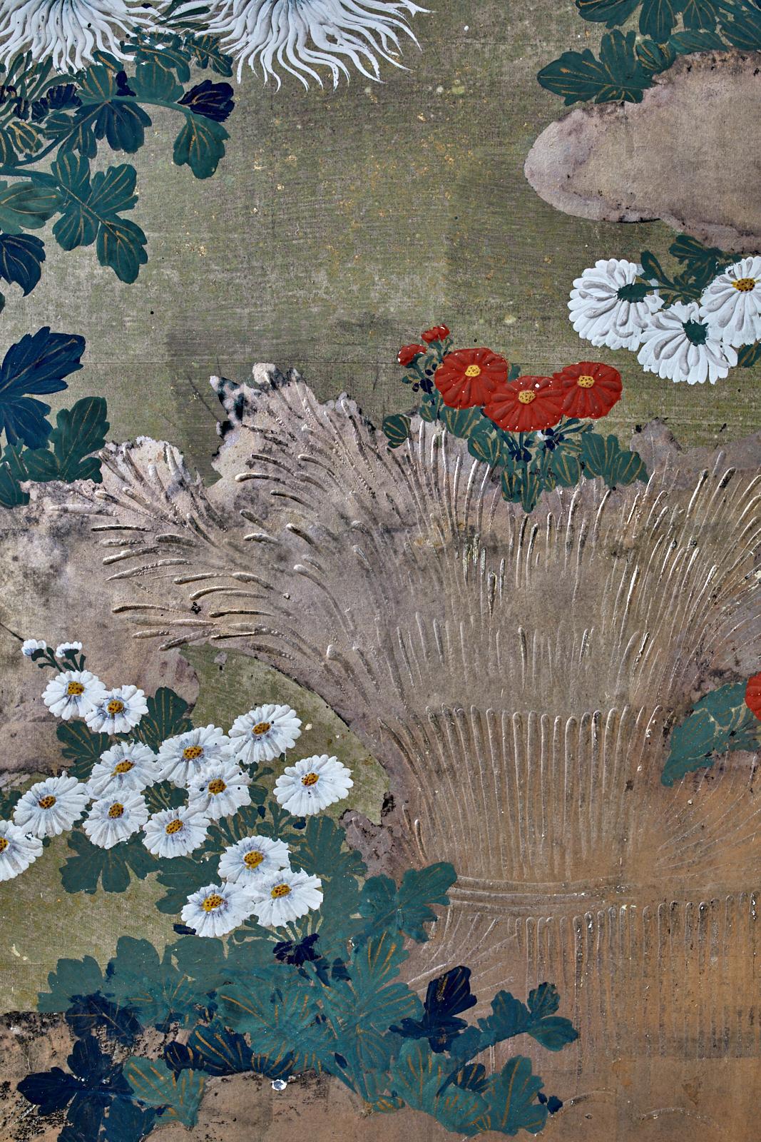 Japanese Meiji Four Panel Screen Chrysanthemums Along a Fence 4