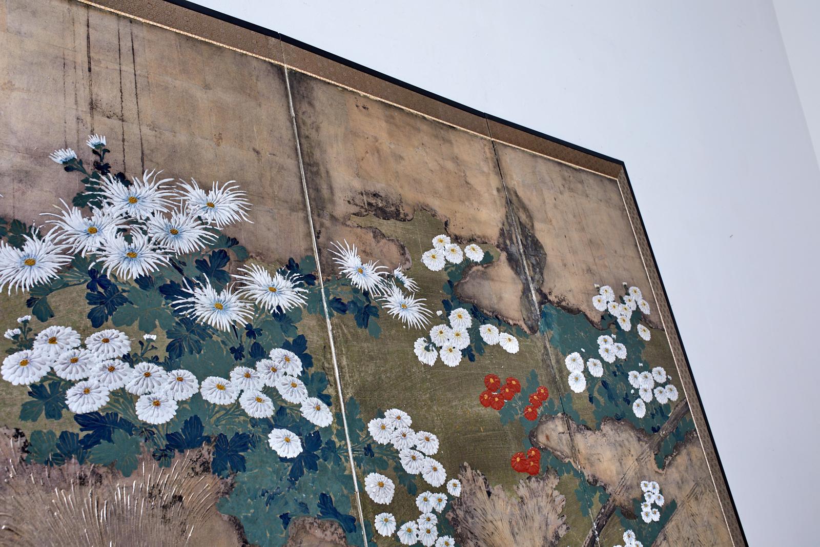 Japanese Meiji Four Panel Screen Chrysanthemums Along a Fence 5