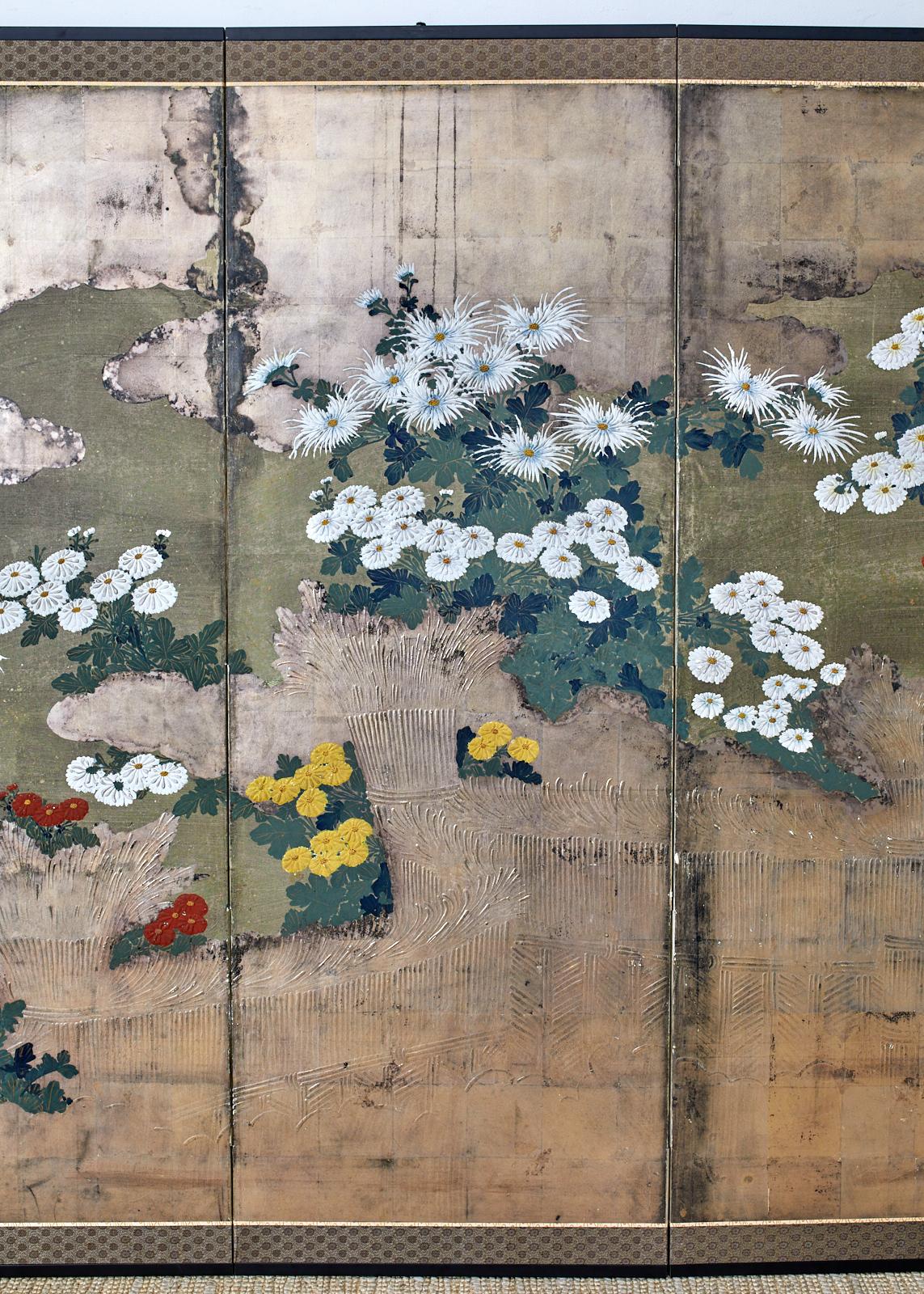 Lacquered Japanese Meiji Four Panel Screen Chrysanthemums Along a Fence