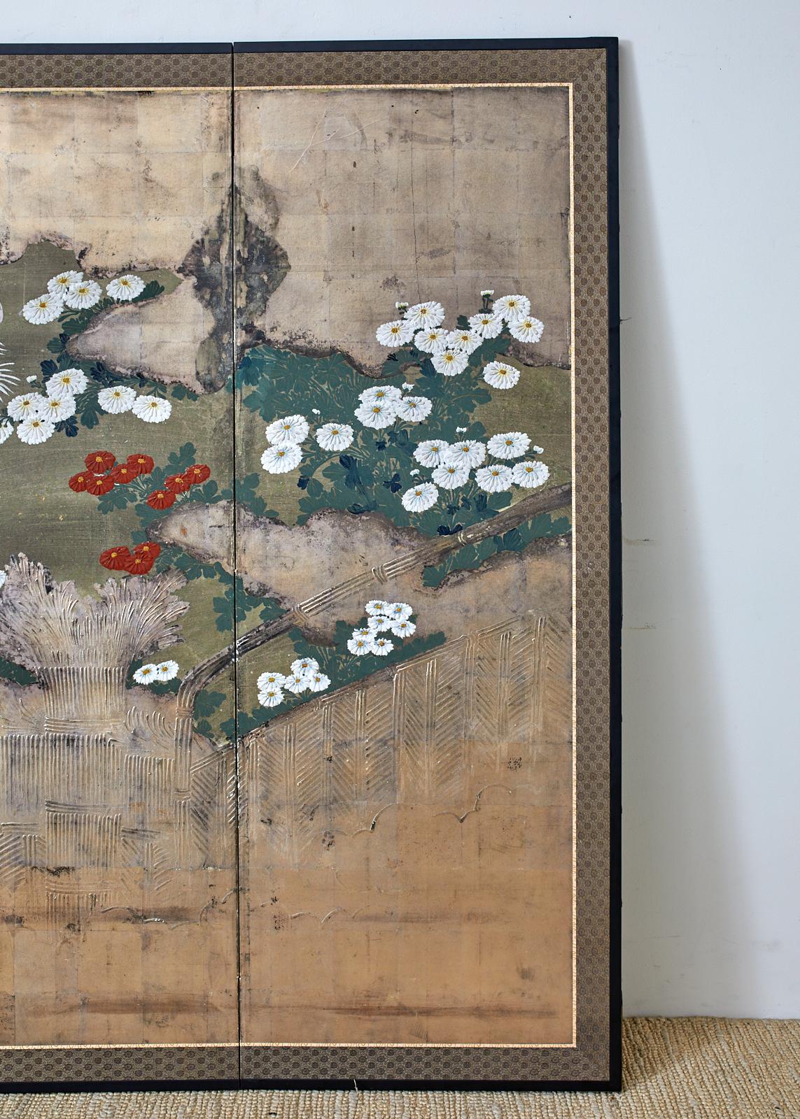 19th Century Japanese Meiji Four Panel Screen Chrysanthemums Along a Fence