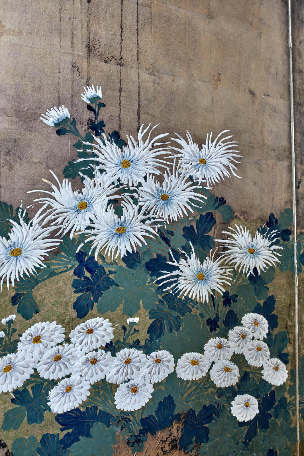 Japanese Meiji Four Panel Screen Chrysanthemums Along a Fence 2