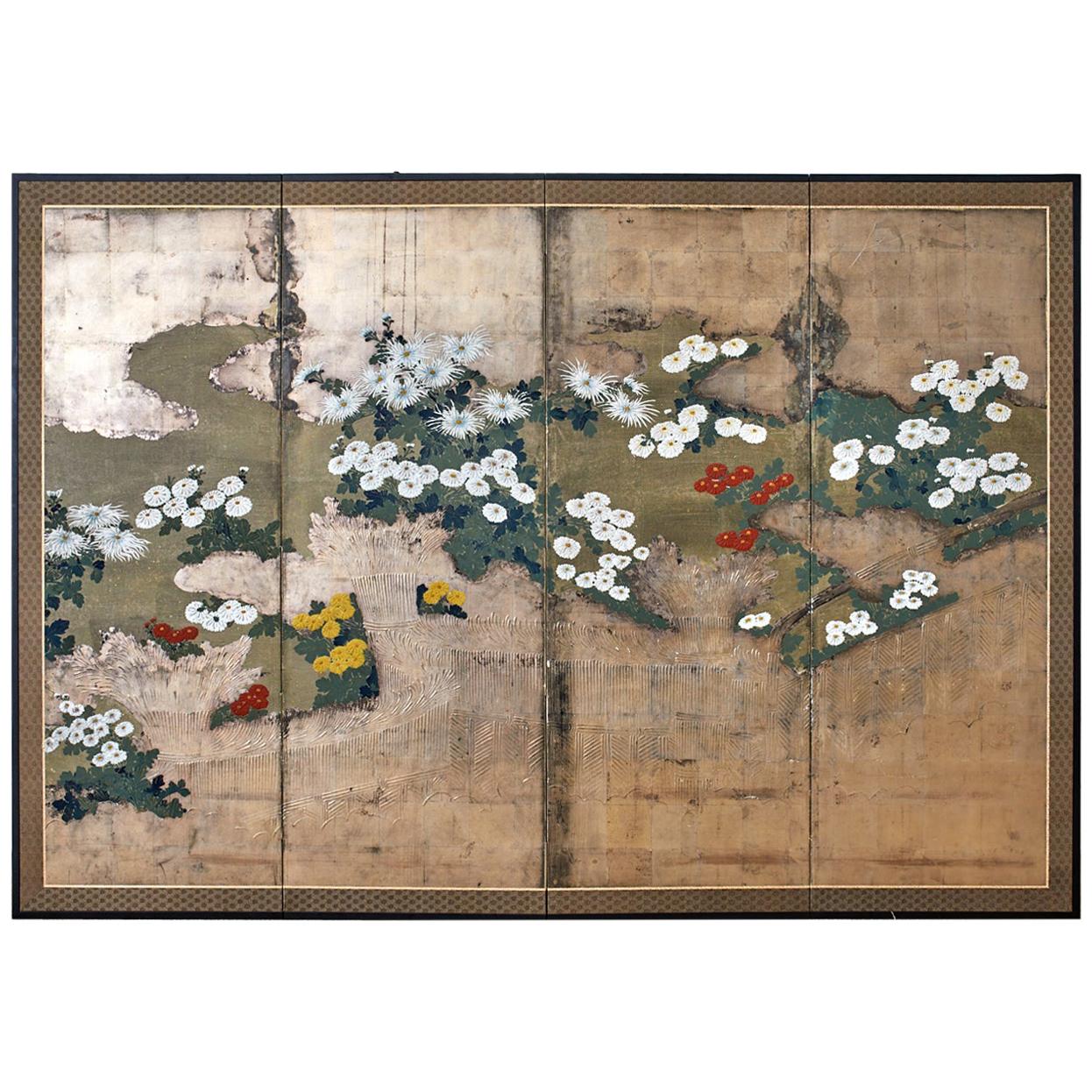 Japanese Meiji Four Panel Screen Chrysanthemums Along a Fence