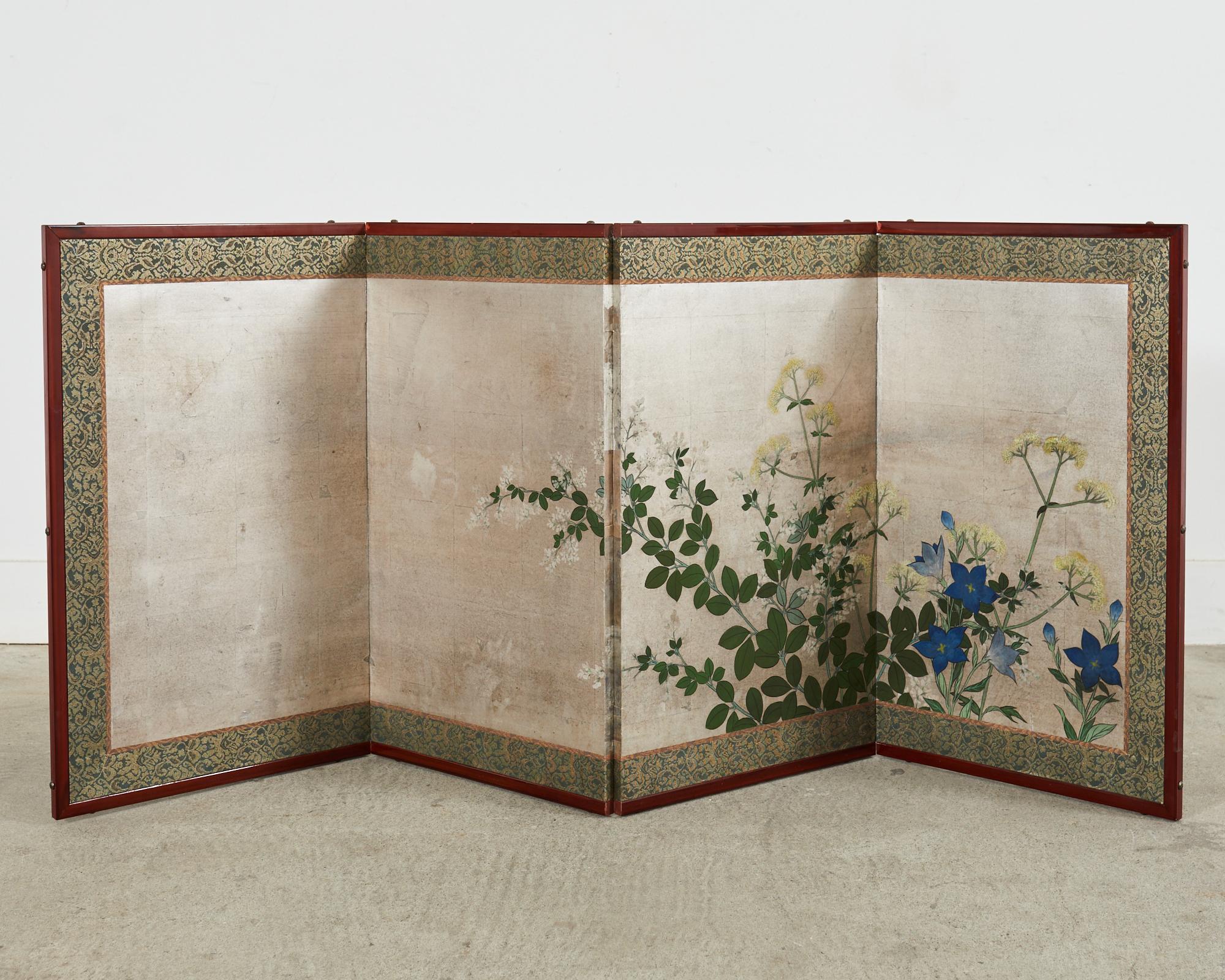 Hand-Crafted Japanese Meiji Four Panel Screen Flowering Grasses of Autumn For Sale