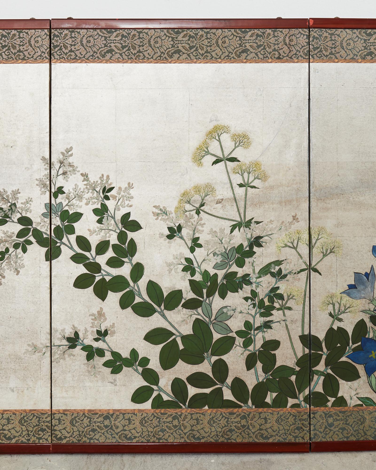 Silk Japanese Meiji Four Panel Screen Flowering Grasses of Autumn For Sale