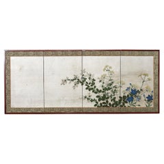 Antique Japanese Meiji Four Panel Screen Flowering Grasses of Autumn