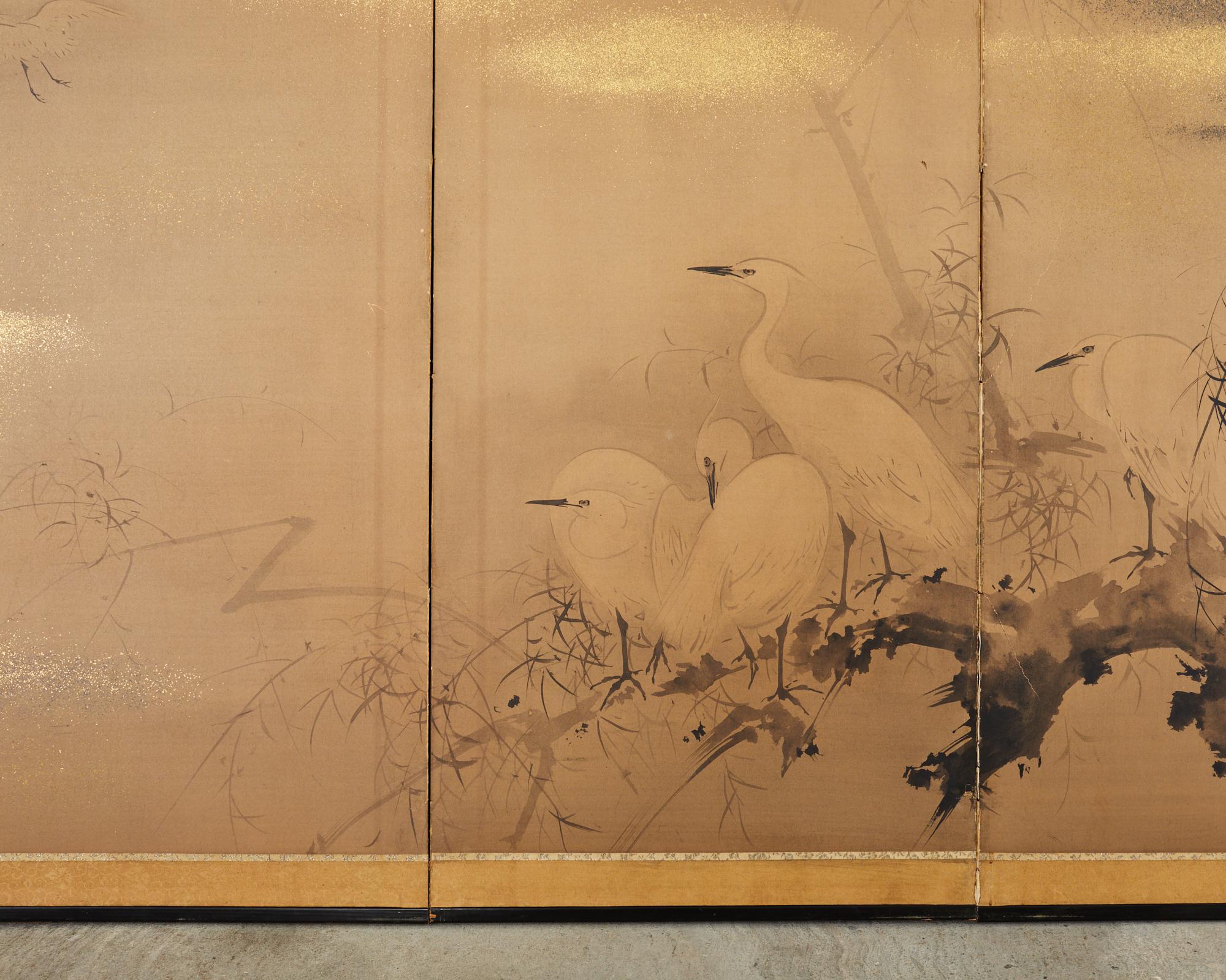 Japanese Meiji Four Panel Screen White Egrets in Winter Landscape 4