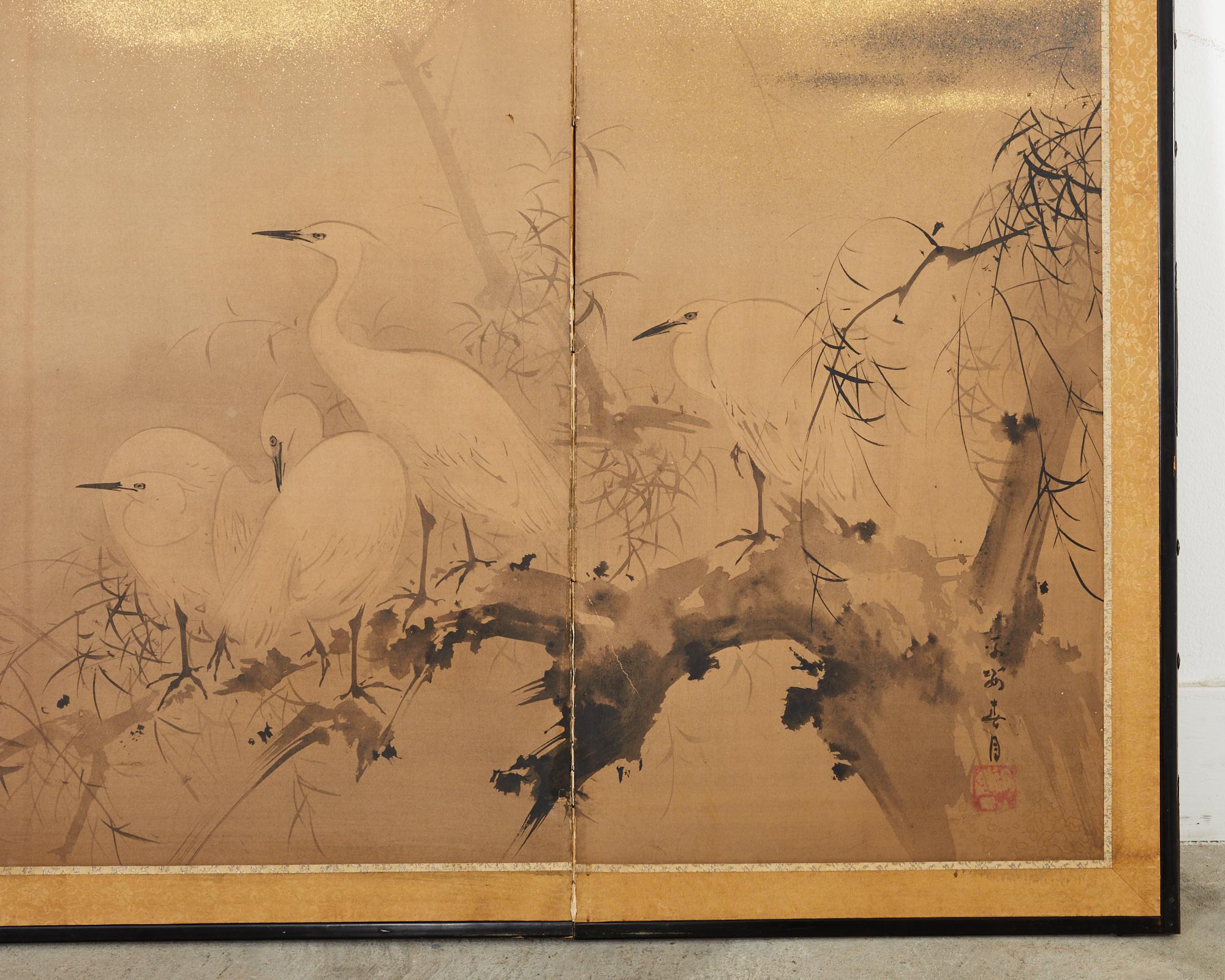 Japanese Meiji Four Panel Screen White Egrets in Winter Landscape 5