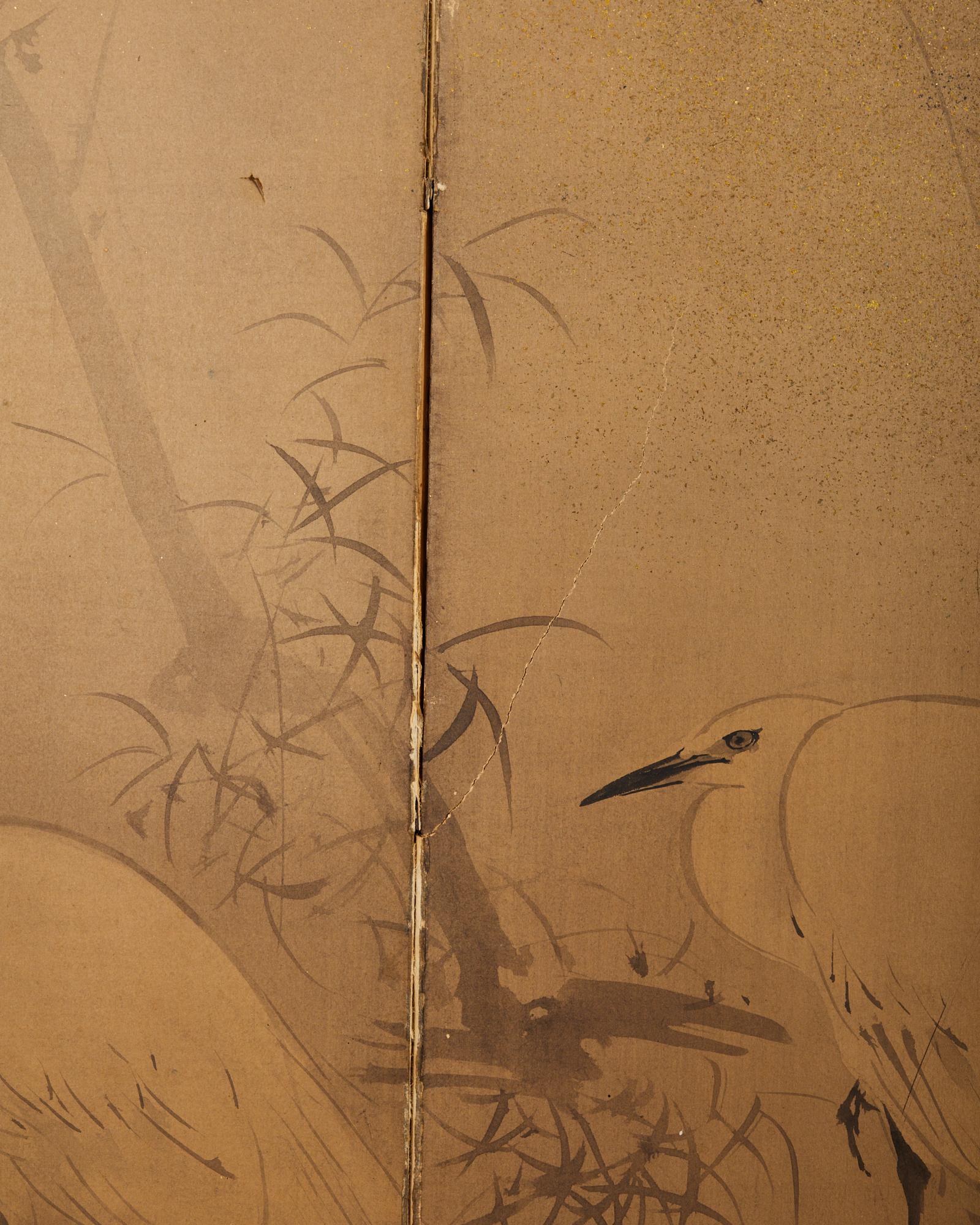 Japanese Meiji Four Panel Screen White Egrets in Winter Landscape 7