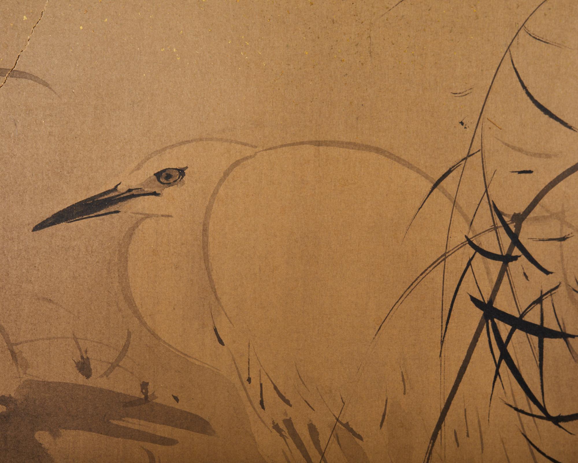 Japanese Meiji Four Panel Screen White Egrets in Winter Landscape 9
