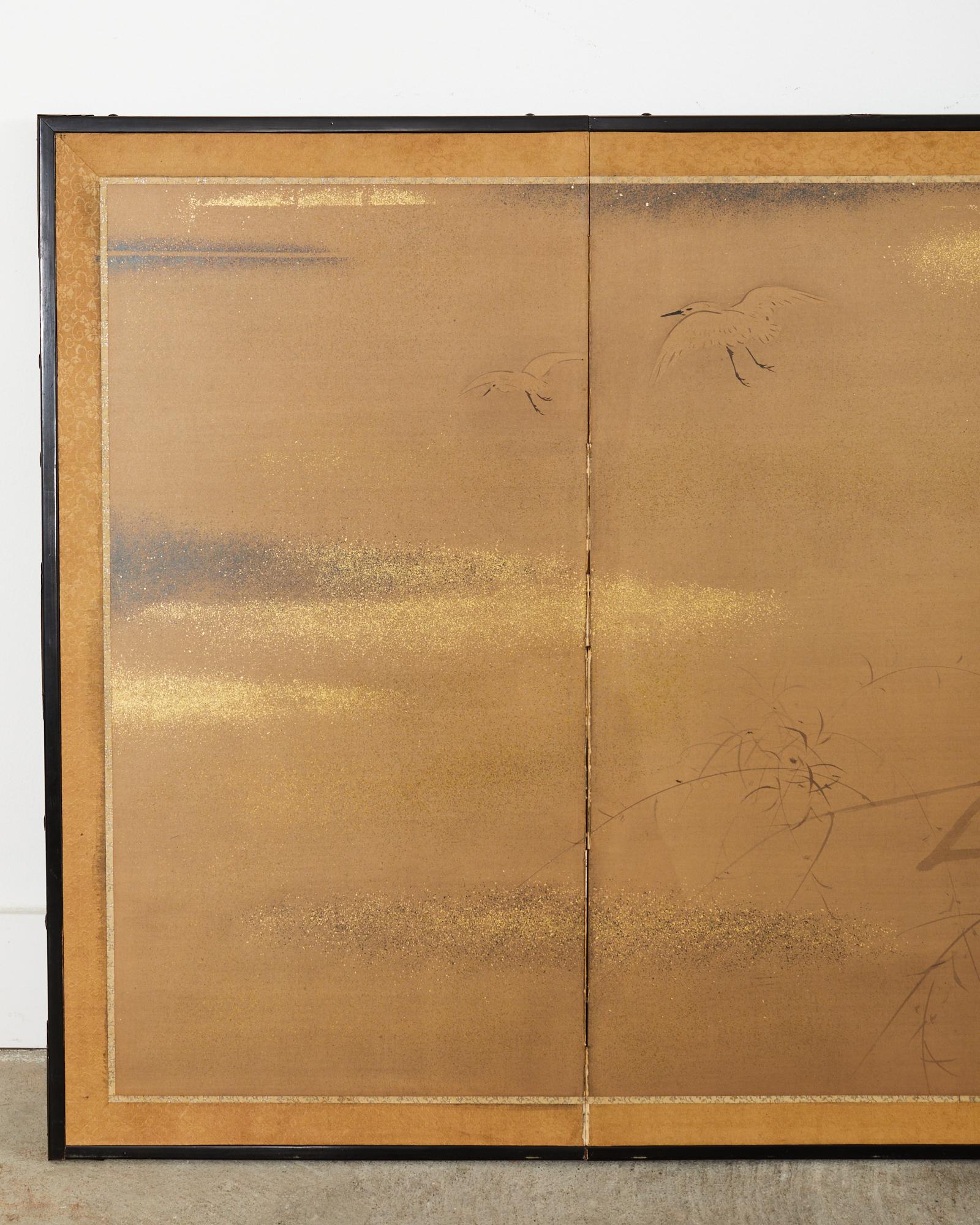 Hand-Crafted Japanese Meiji Four Panel Screen White Egrets in Winter Landscape