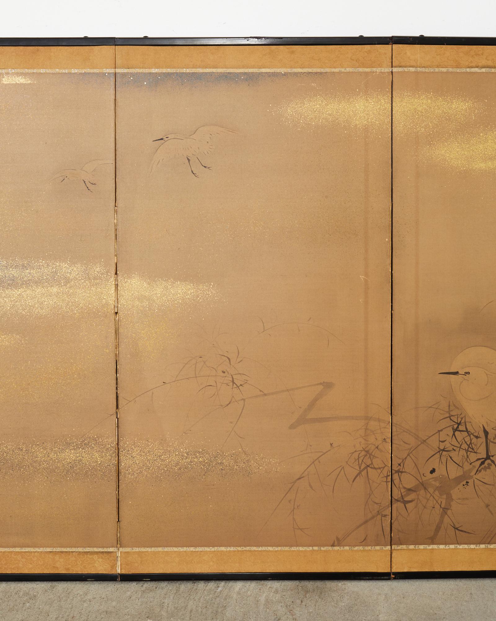 Japanese Meiji Four Panel Screen White Egrets in Winter Landscape In Fair Condition In Rio Vista, CA
