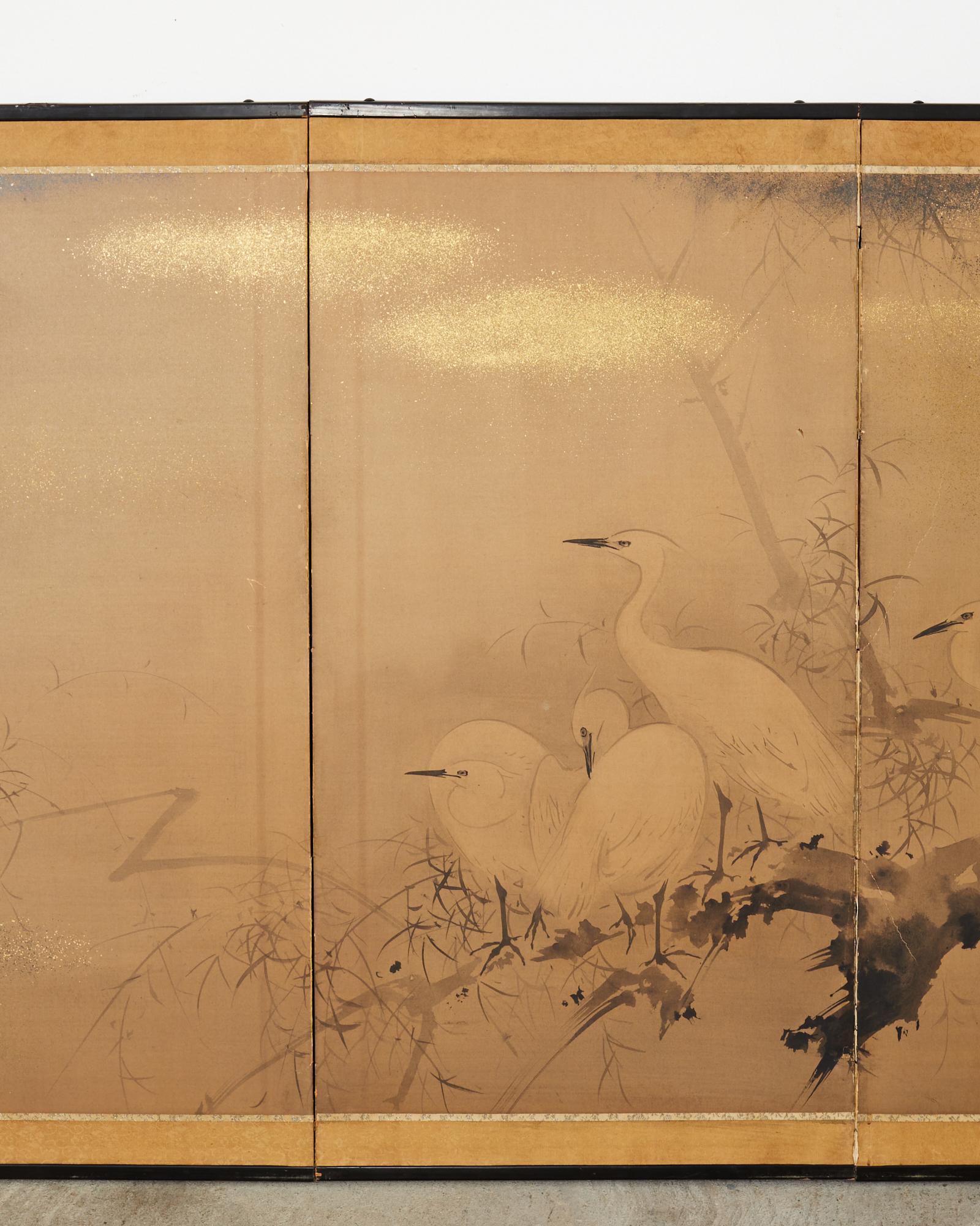 19th Century Japanese Meiji Four Panel Screen White Egrets in Winter Landscape
