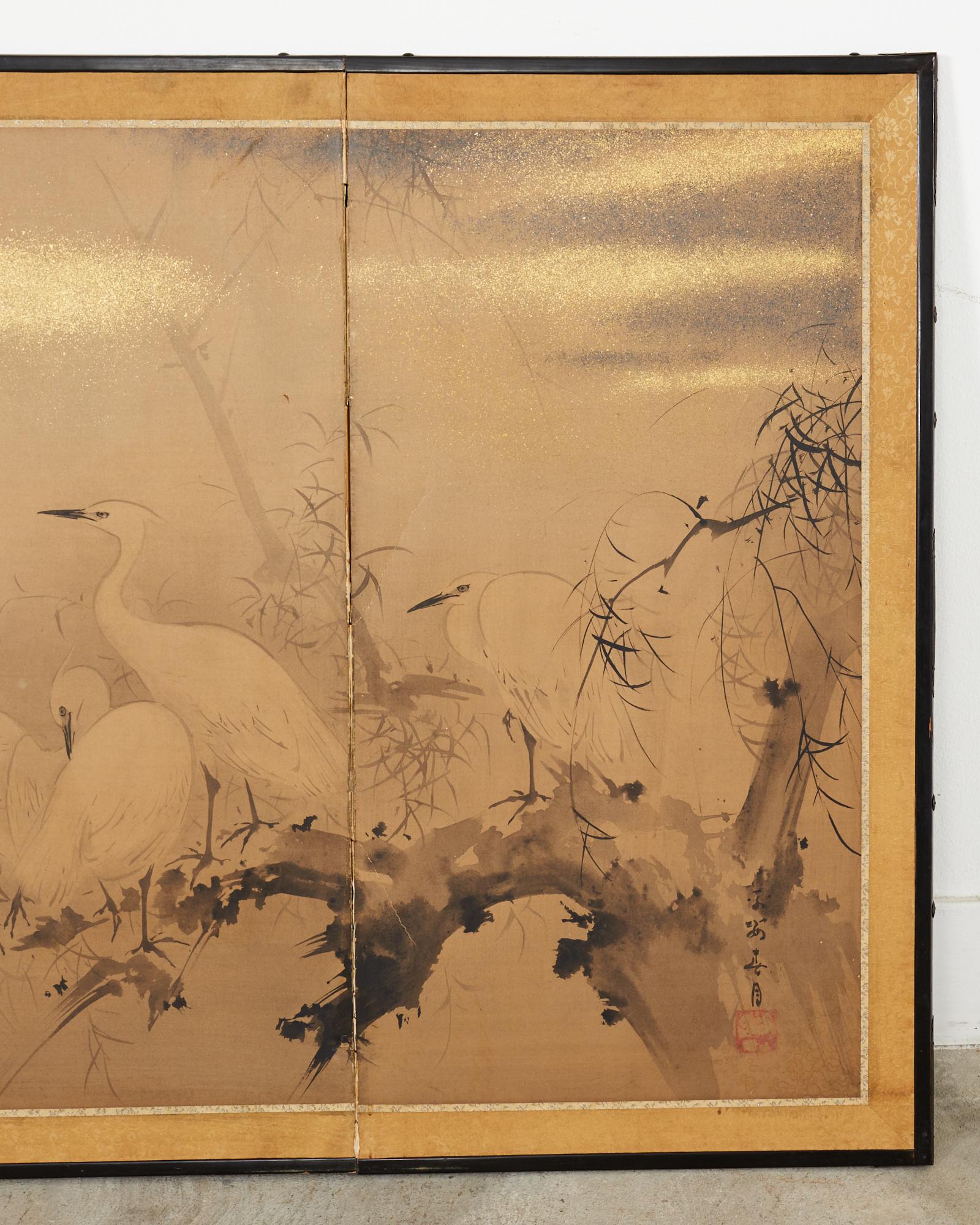 Silk Japanese Meiji Four Panel Screen White Egrets in Winter Landscape