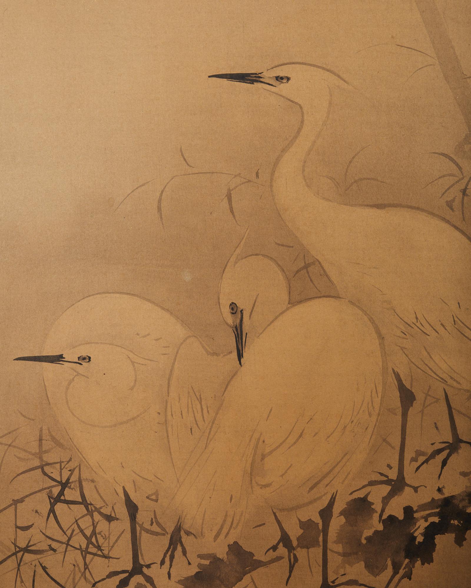 Japanese Meiji Four Panel Screen White Egrets in Winter Landscape 1