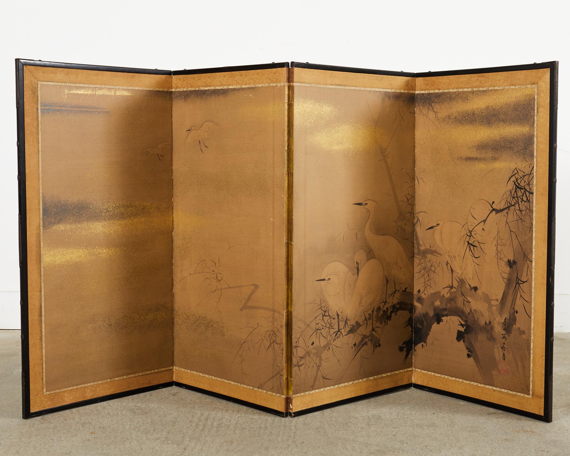 Japanese Meiji Four Panel Screen White Egrets in Winter Landscape 3