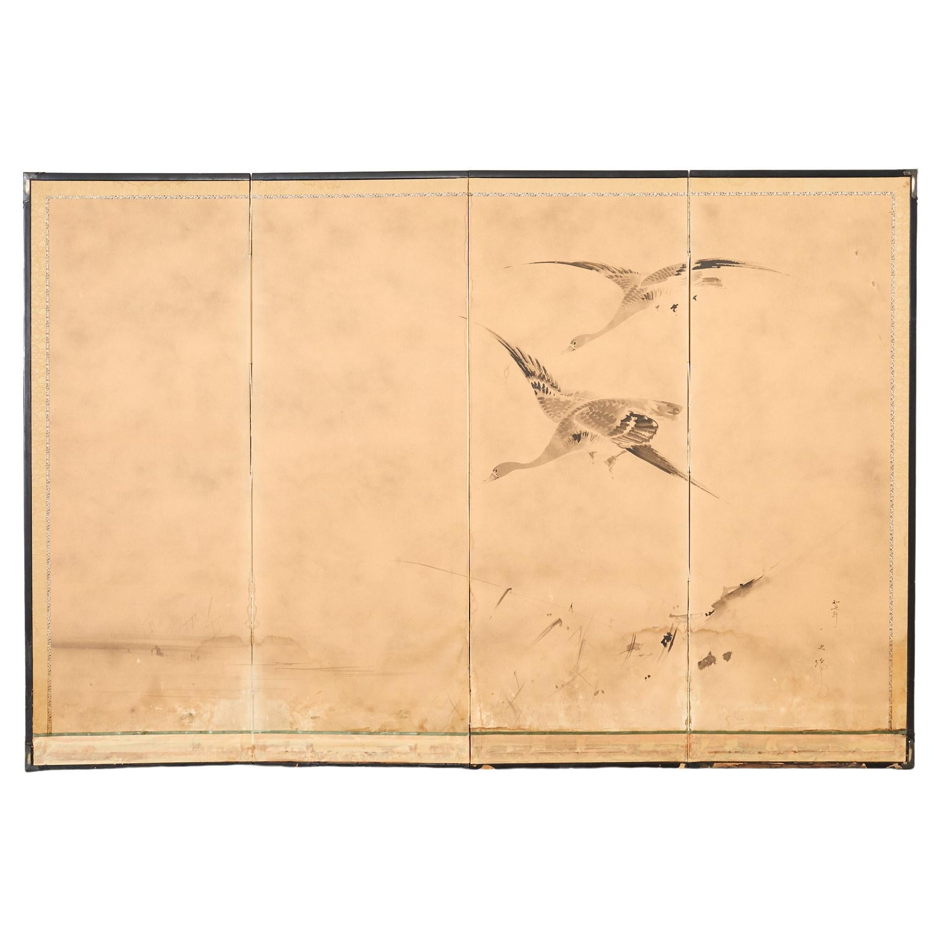 Biombo japonés Meiji de cuatro paneles Gansos salvajes sobre juncos