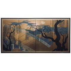 Japanese Four Panel Screen with Bridge and Weeping Willow Trees