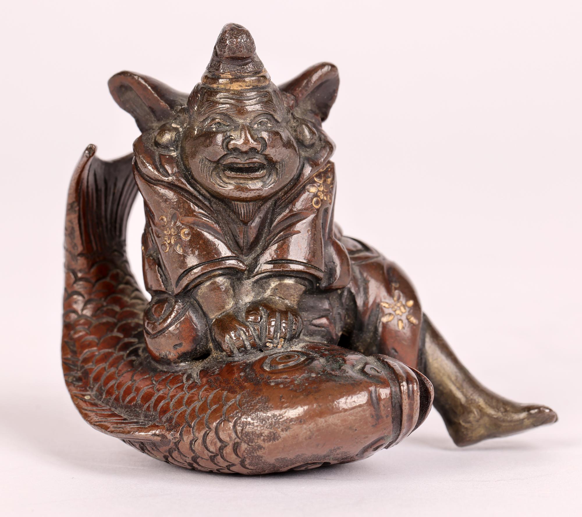 19th Century Japanese Meiji Gilt Patterned Bronze Figure of a Fisherman For Sale