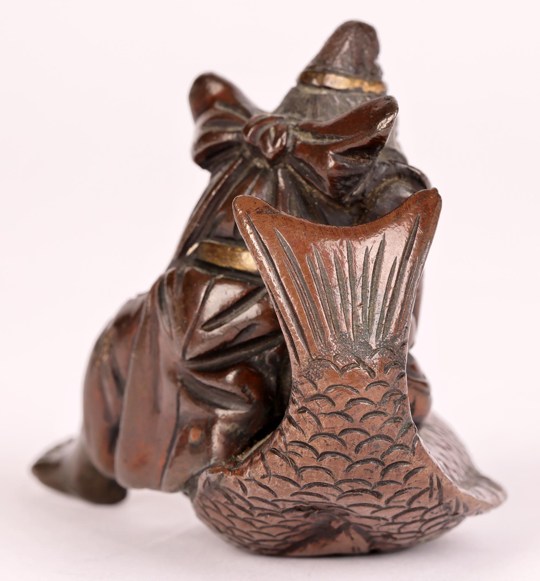 Japanese Meiji Gilt Patterned Bronze Figure of a Fisherman For Sale 2