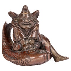 Figure de pêcheur japonaise en bronze à motifs dorés Meiji