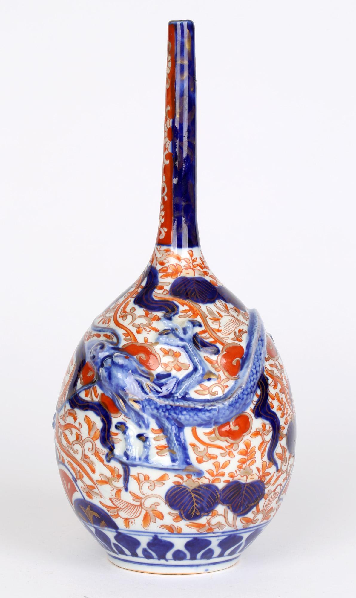 Japanese Meiji Imari Bottle Vase Applied with a Dragon 6