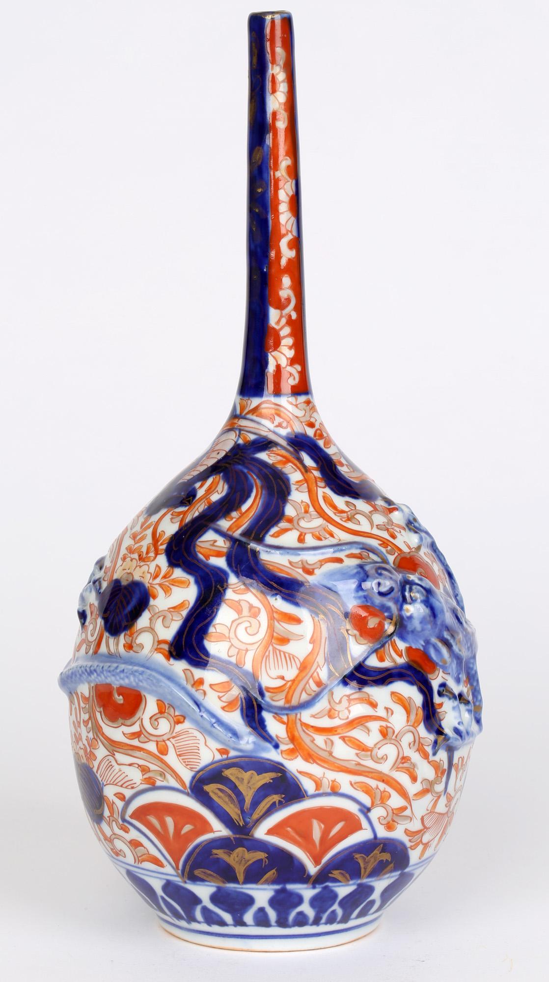 Japanese Meiji Imari Bottle Vase Applied with a Dragon 2
