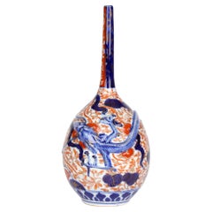Antique Japanese Meiji Imari Bottle Vase Applied with a Dragon